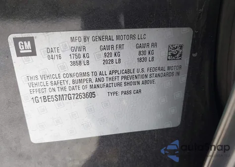 2016 Chevrolet Cruze Lt Auto from USA, damaged, VIN 1G1BE5SM7G7263605